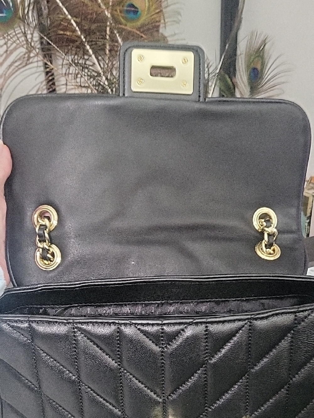Karl Lagerfeld Black Quilted Shoulder Bag with Gold Chain and Crystal Accents - Picture 10 of 14